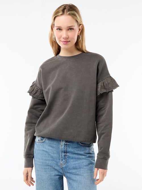 Sudadera lisa con volantes en bordado inglés en las mangas - Kiabi