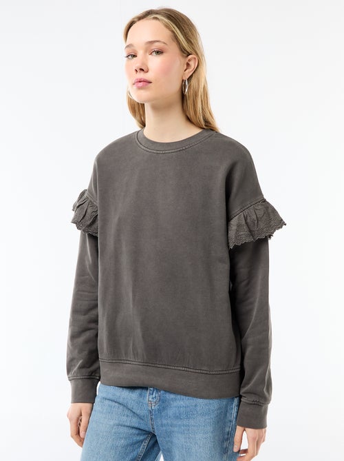 Sudadera lisa con volantes en bordado inglés en las mangas - Kiabi