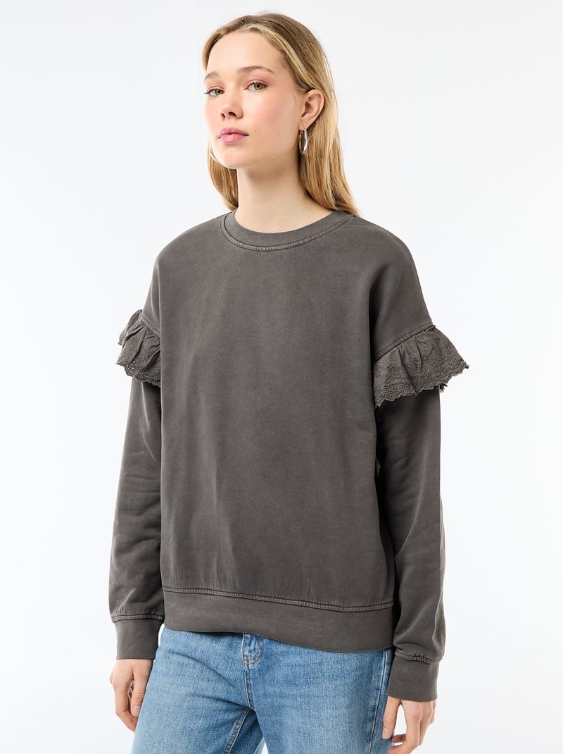 Sudadera lisa con volantes en bordado inglés en las mangas Gris - Kiabi
