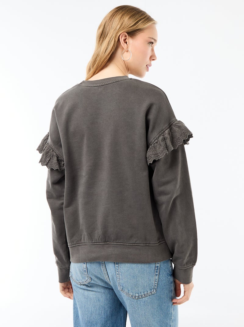 Sudadera lisa con volantes en bordado inglés en las mangas Gris - Kiabi