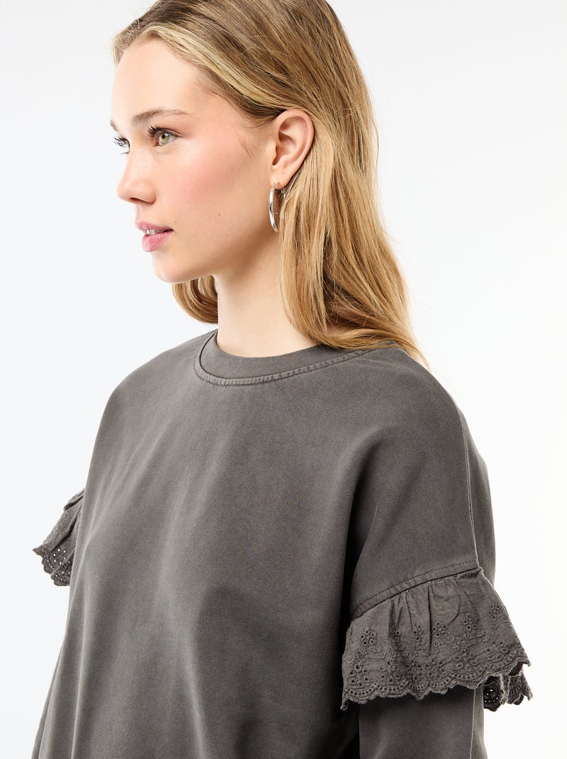 Sudadera lisa con volantes en bordado inglés en las mangas Gris - Kiabi