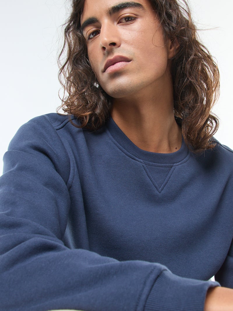 Sudadera lisa de cuello redondo en felpa perchada Azul - Kiabi