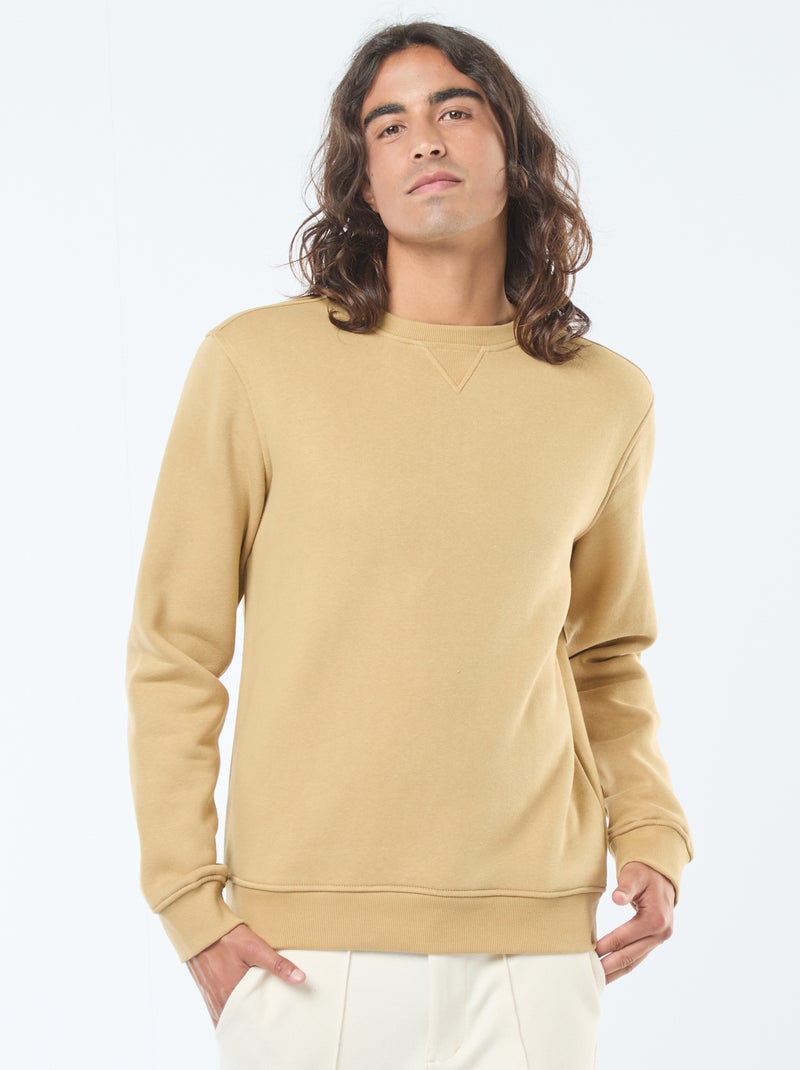 Sudadera lisa de cuello redondo en felpa perchada Beige - Kiabi
