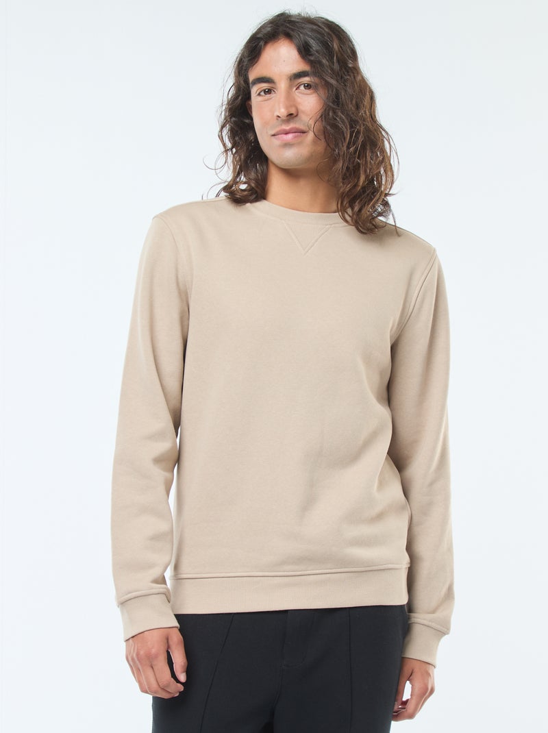 Sudadera lisa de cuello redondo en felpa perchada Beige - Kiabi