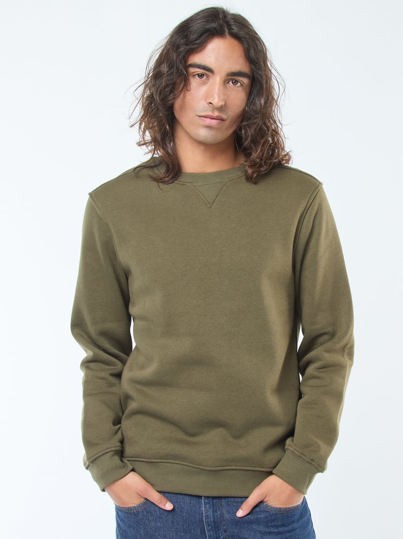 Sudadera lisa de cuello redondo en felpa perchada Kaki - Kiabi