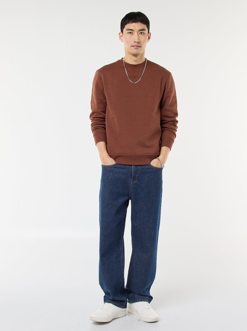 Sudadera lisa de cuello redondo en felpa perchada Marron - Kiabi