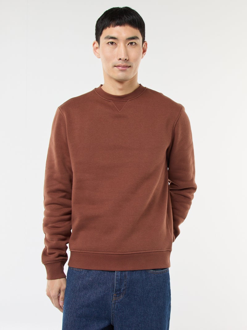 Sudadera lisa de cuello redondo en felpa perchada Marron - Kiabi