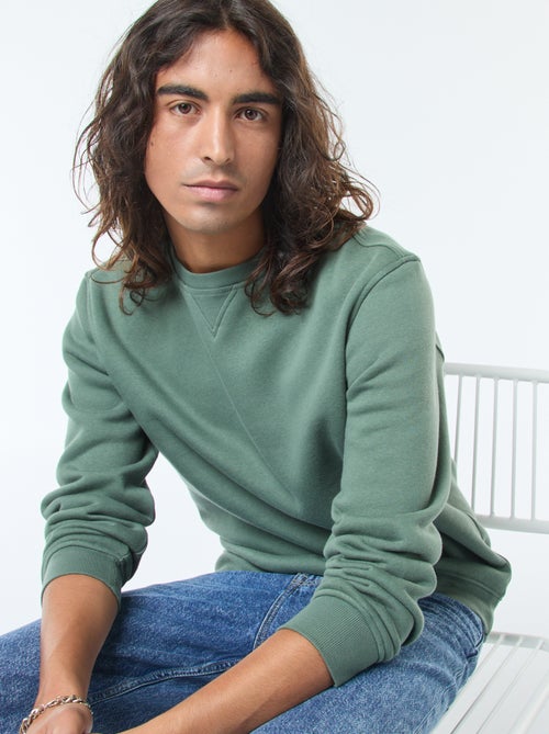 Sudadera lisa de cuello redondo en felpa perchada - Kiabi