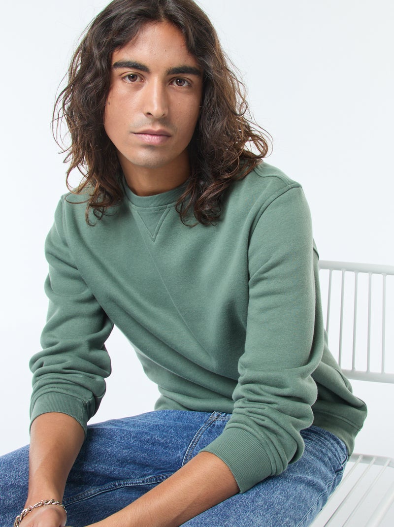 Sudadera lisa de cuello redondo en felpa perchada Verde - Kiabi