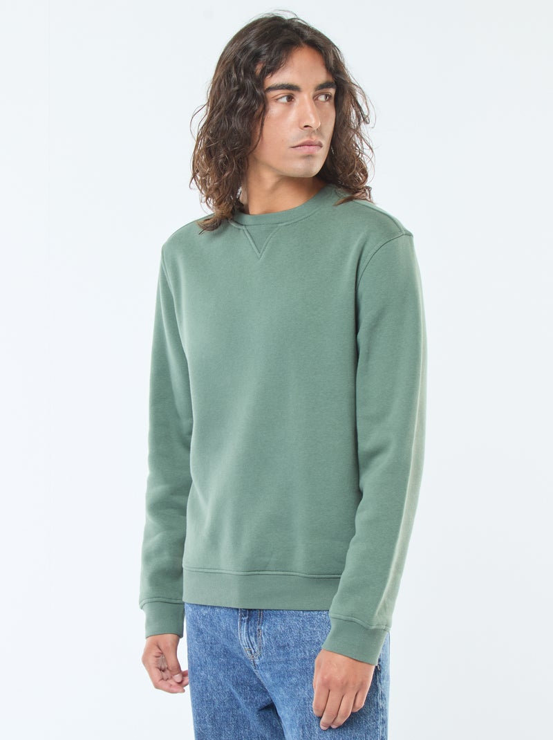 Sudadera lisa de cuello redondo en felpa perchada Verde - Kiabi