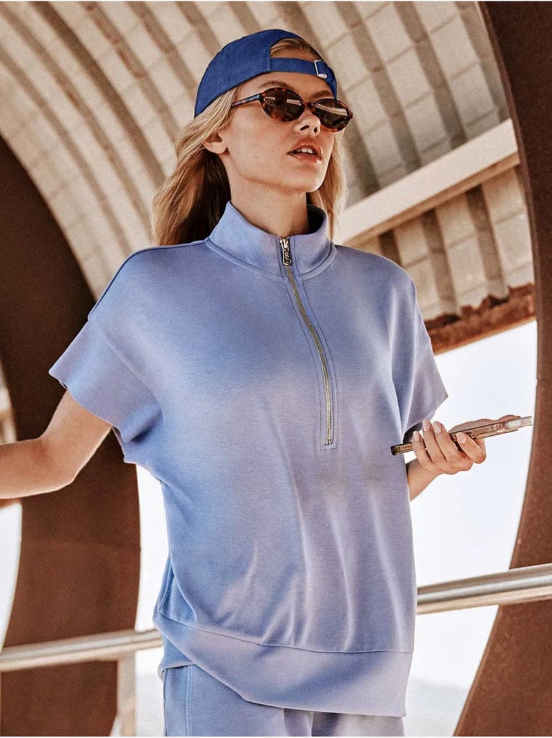 Sudadera manga corta con media cremallera y tejido extra suave Azul - Kiabi