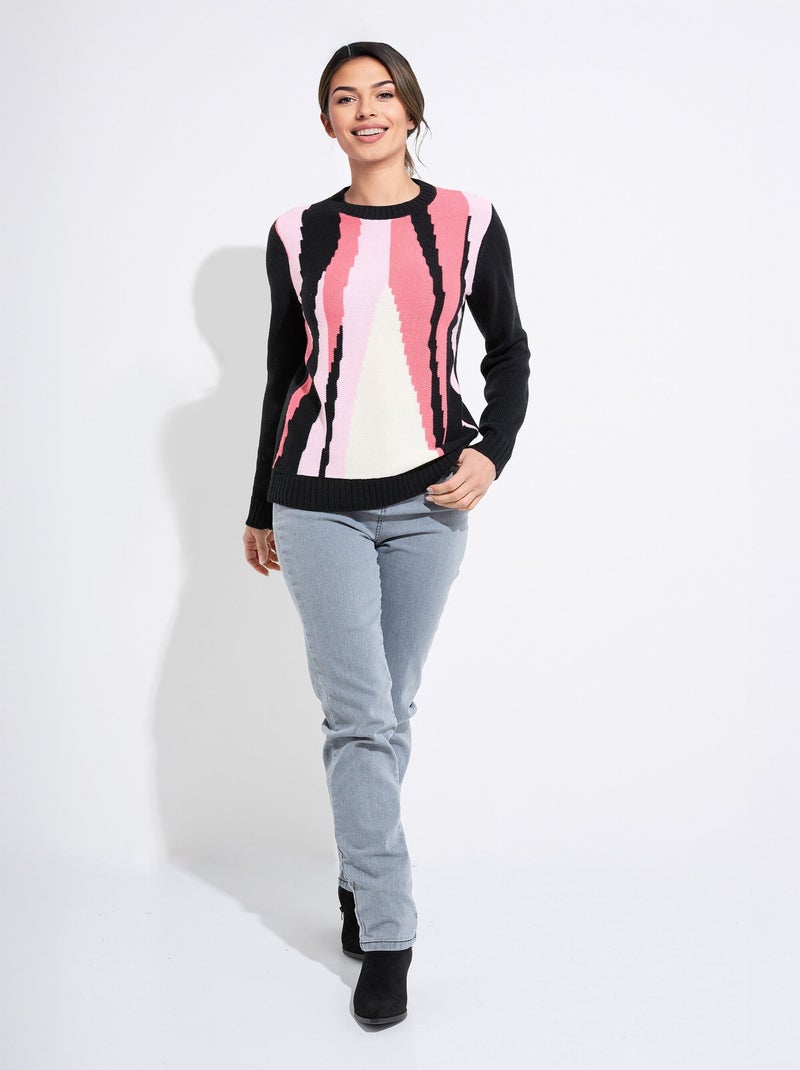 Suéter cálido de jacquard gráfico con cuello redondo - Afibel Negro Rosa - Kiabi