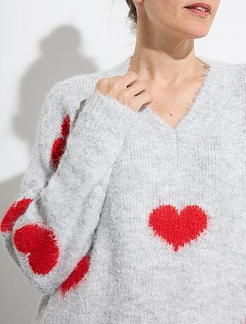 Suéter cálido de lana con cuello en v y corazones - afibel