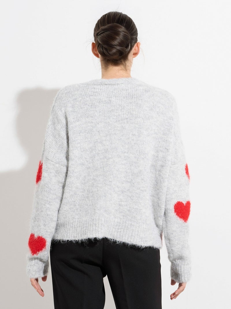 Suéter cálido de lana con cuello en v y corazones - afibel Gris claro - Kiabi