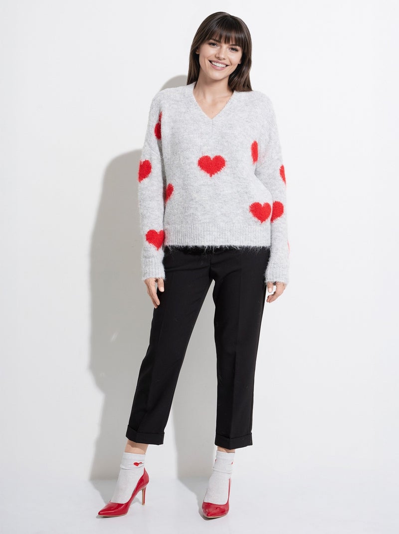 Suéter cálido de lana con cuello en v y corazones - afibel Gris claro - Kiabi