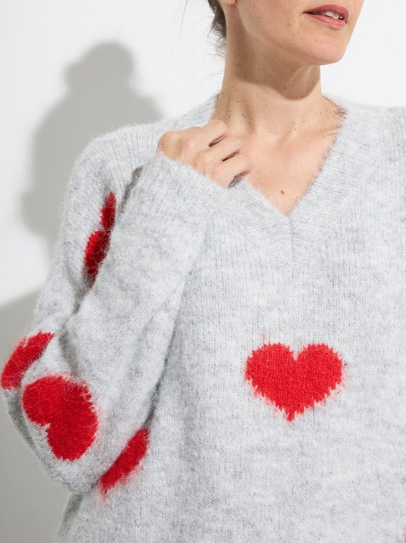 Suéter cálido de lana con cuello en v y corazones - afibel Gris claro - Kiabi