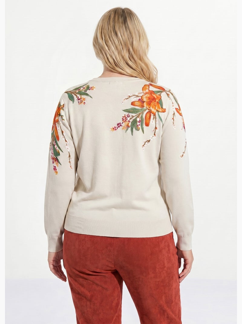 Suéter cálido de manga larga con estampado floral y cuello redondo - Afibel Beige - Kiabi