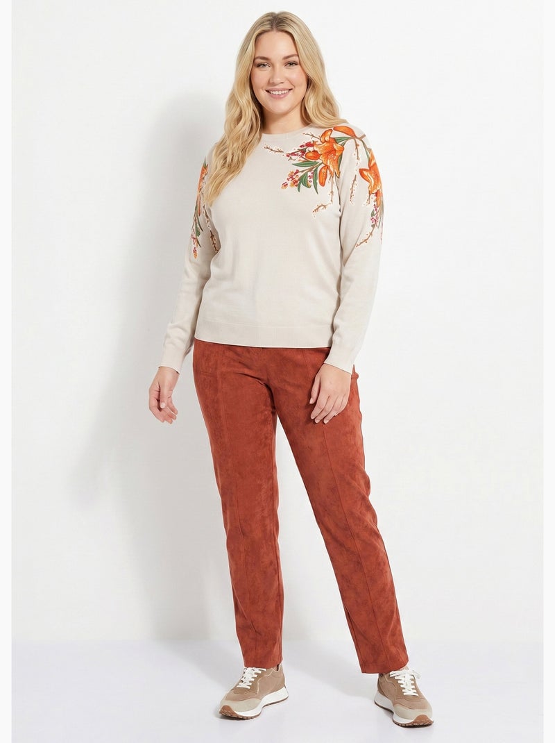 Suéter cálido de manga larga con estampado floral y cuello redondo - Afibel Beige - Kiabi