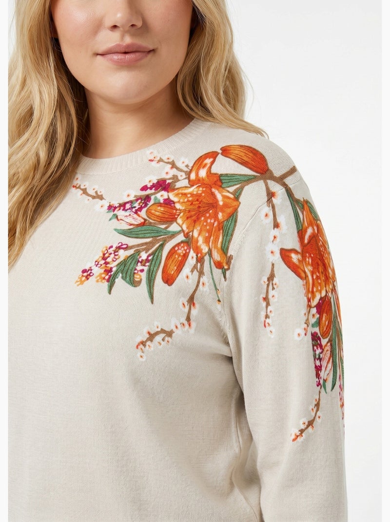 Suéter cálido de manga larga con estampado floral y cuello redondo - Afibel Beige - Kiabi