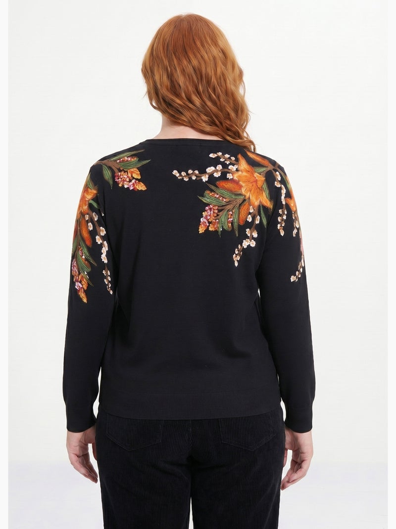 Suéter cálido de manga larga con estampado floral y cuello redondo - Afibel Negro - Kiabi
