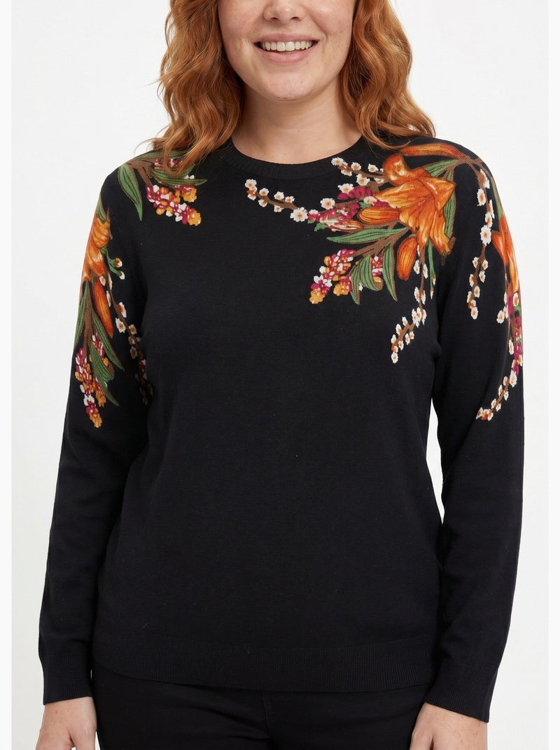 Suéter cálido de manga larga con estampado floral y cuello redondo - Afibel Negro - Kiabi