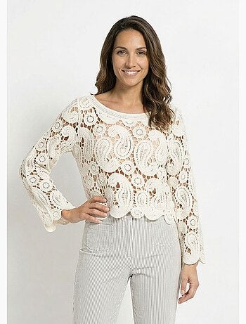 Suéter corto de crochet calado con cuello redondo - AFIBEL