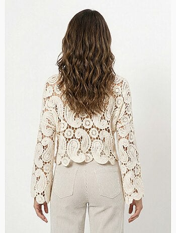 Suéter corto de crochet calado con cuello redondo - AFIBEL