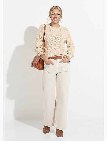 Suéter corto suave de cuello redondo con patrón calado - Afibel