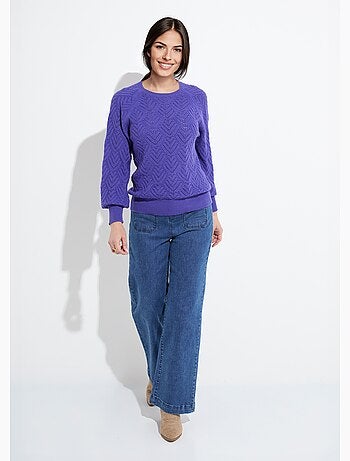 Suéter corto suave de cuello redondo con patrón calado - Afibel