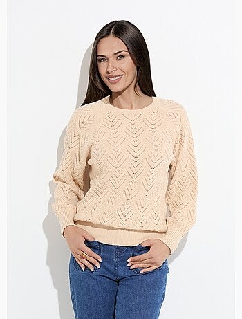 Suéter corto suave de cuello redondo con patrón calado