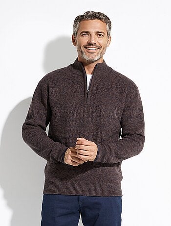 Suéter de cuello alto con cremallera en punto de lana jaspeada - Afibel