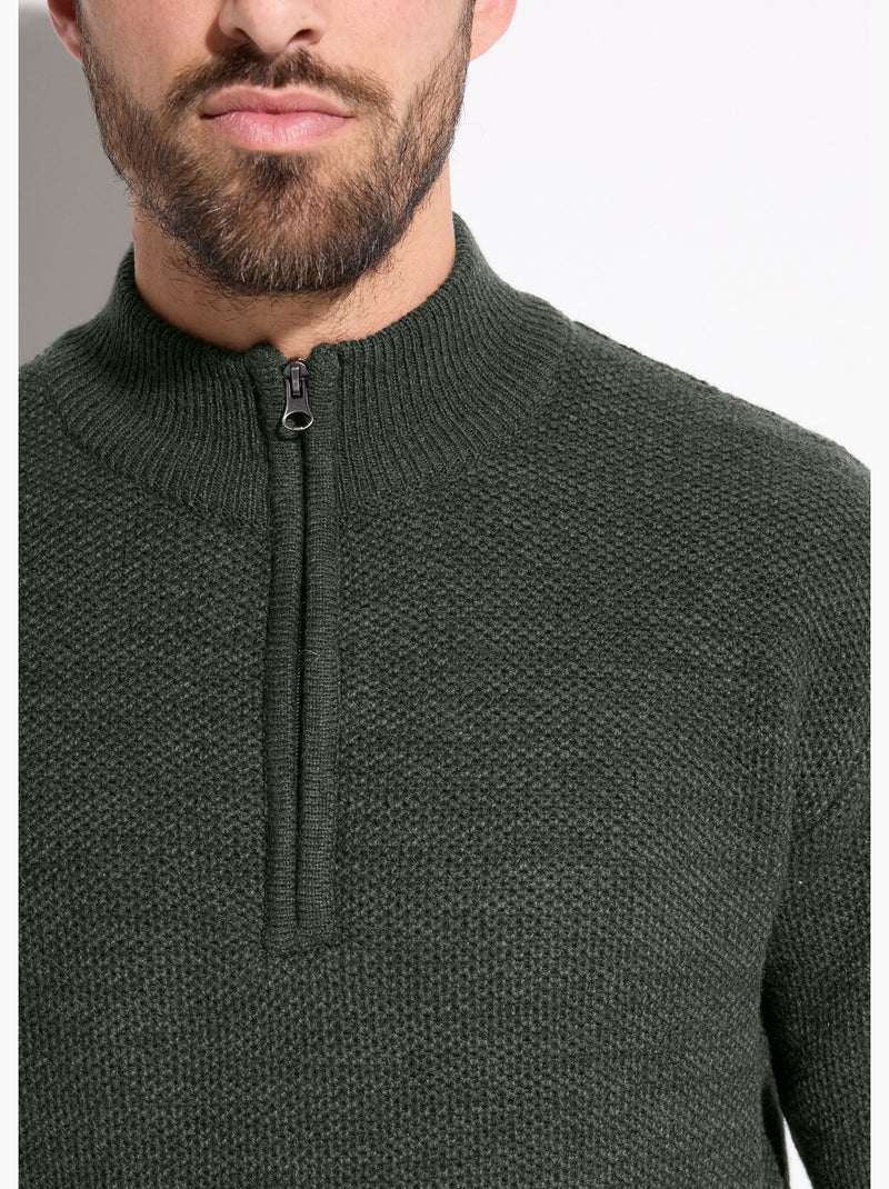 Suéter de cuello alto con cremallera en punto de lana jaspeada - Afibel Verde - Kiabi