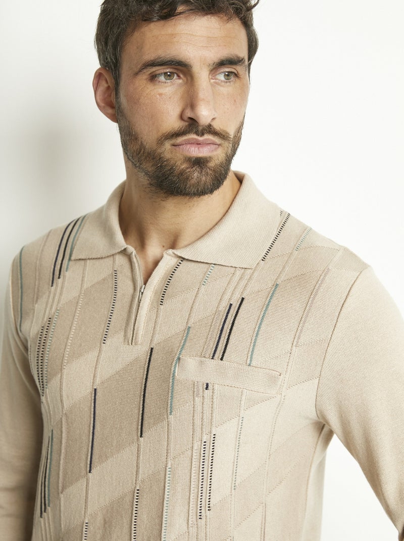 Suéter de cuello alto con cremallera y manga larga de algodón jacquard - Afibel Beige - Kiabi