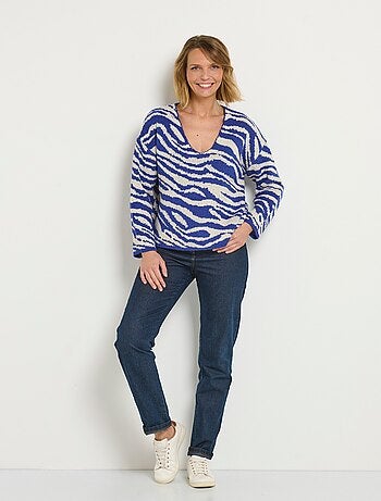 Suéter de cuello en V con estampado de cebra esponjoso - AFIBEL