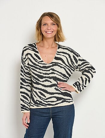 Suéter de cuello en V con estampado de cebra esponjoso - AFIBEL
