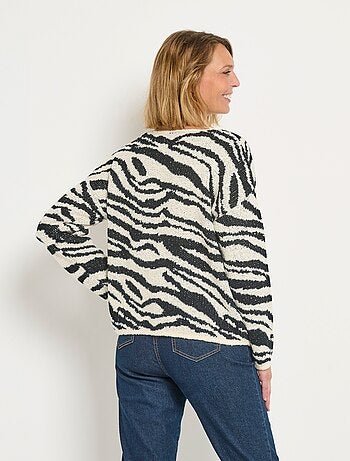 Suéter de cuello en V con estampado de cebra esponjoso - AFIBEL