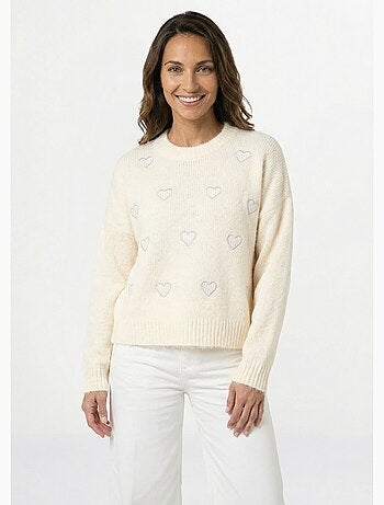 Suéter de cuello redondo con estampado de corazones a rayas y lana - AFIBEL
