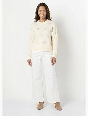 Suéter de cuello redondo con estampado de corazones a rayas y lana - AFIBEL