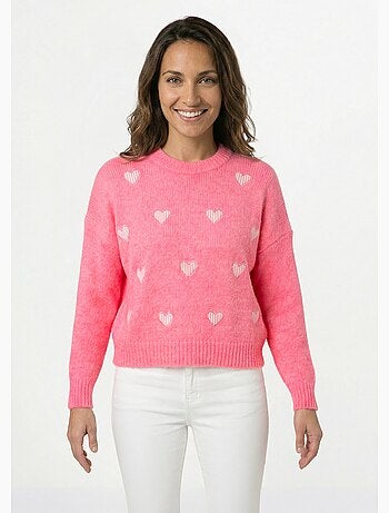 Suéter de cuello redondo con estampado de corazones a rayas y lana - AFIBEL
