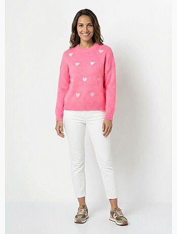 Suéter de cuello redondo con estampado de corazones a rayas y lana - AFIBEL