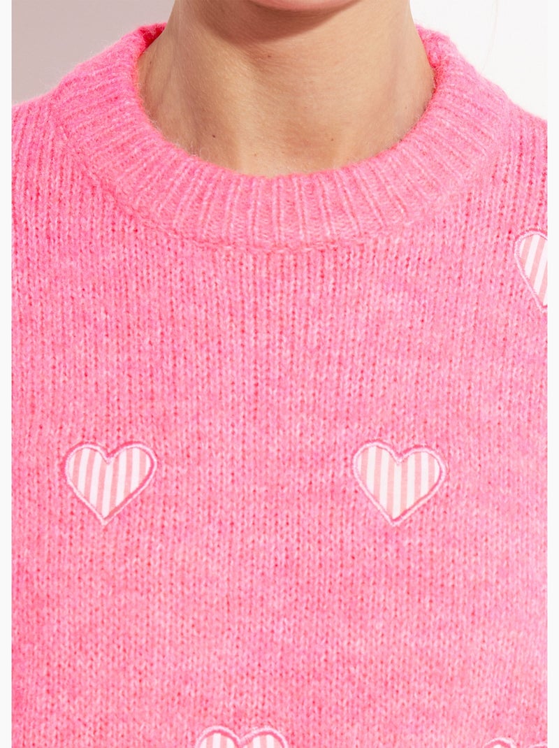 Suéter de cuello redondo con estampado de corazones a rayas y lana - AFIBEL Rosa fluo - Kiabi