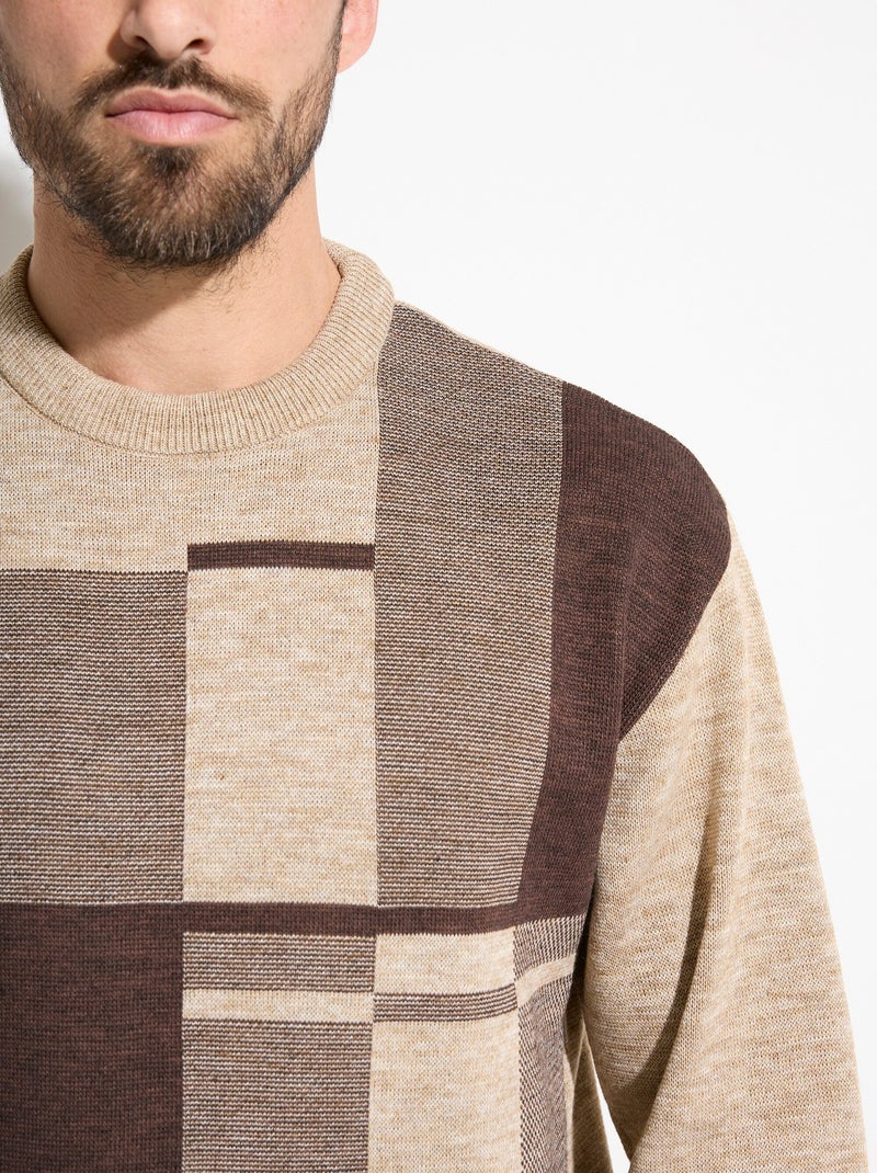 Suéter de lana de manga larga con cuello redondo y jacquard - Afibel Beige - Kiabi