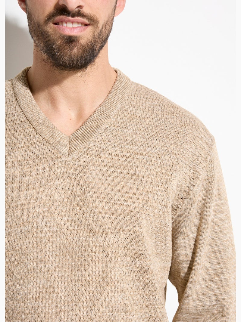 Suéter de lana de punto elegante con cuello en V y mangas largas. - Afibel Beige - Kiabi