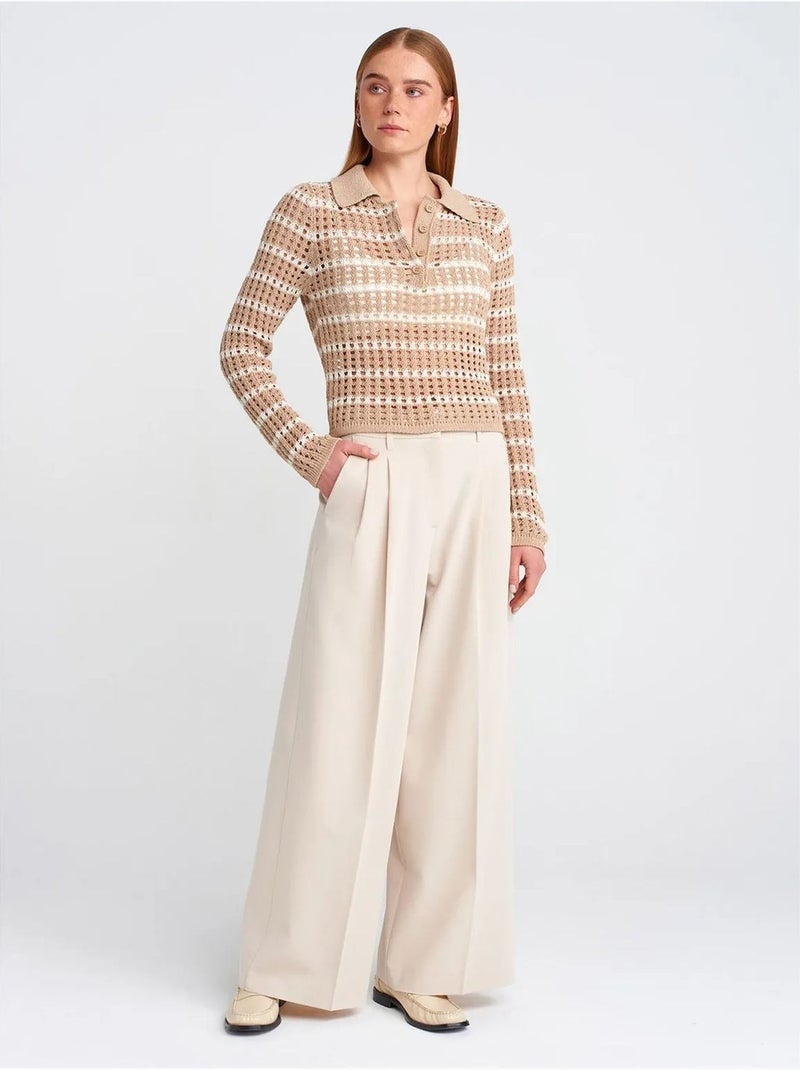 Suéter de punto a rayas con cuello polo y botones Beige natural - Kiabi