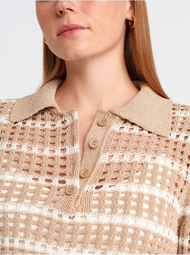 Suéter de punto a rayas con cuello polo y botones Beige natural - Kiabi