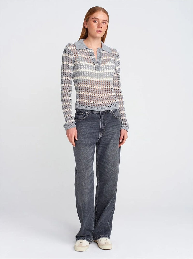 Suéter de punto a rayas con cuello polo y botones Gris claro - Kiabi