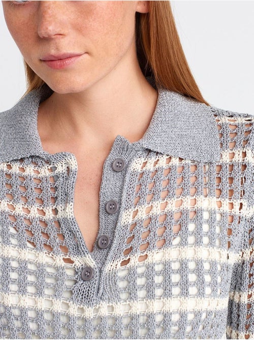 Suéter de punto a rayas con cuello polo y botones - Kiabi Suéter de punto a rayas con cuello polo y botones - Kiabi