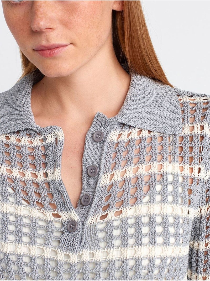 Suéter de punto a rayas con cuello polo y botones Gris claro - Kiabi
