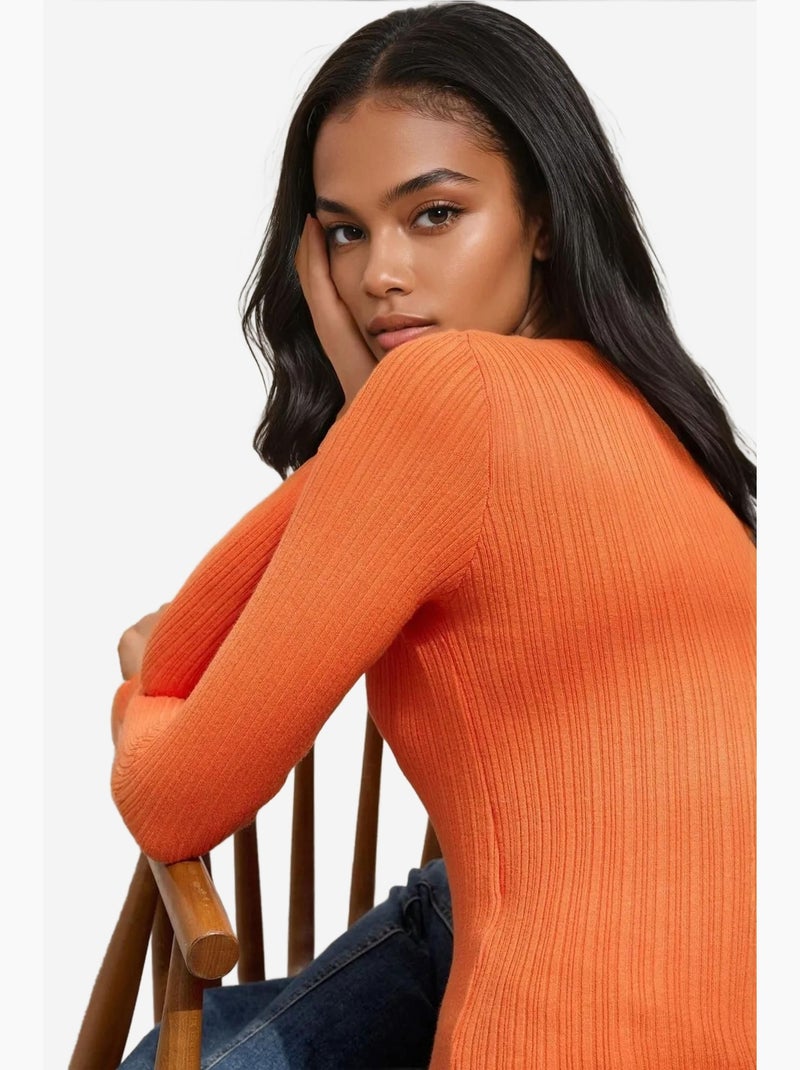 Suéter de punto ajustado con cuello redondo hiccup Naranja mandarina - Kiabi