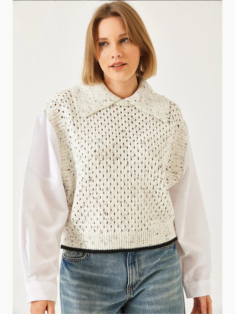 Suéter de punto calado con cuello camisero lucci Beige arcilla - Kiabi